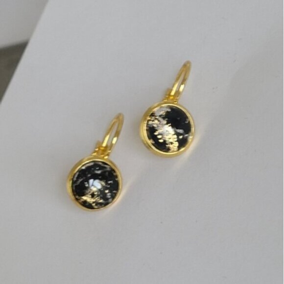 Elegant Hand Crafted Boho Black Gold Gemstone Marble Circle Drop Dangle Earrings - Picture 9 of 15